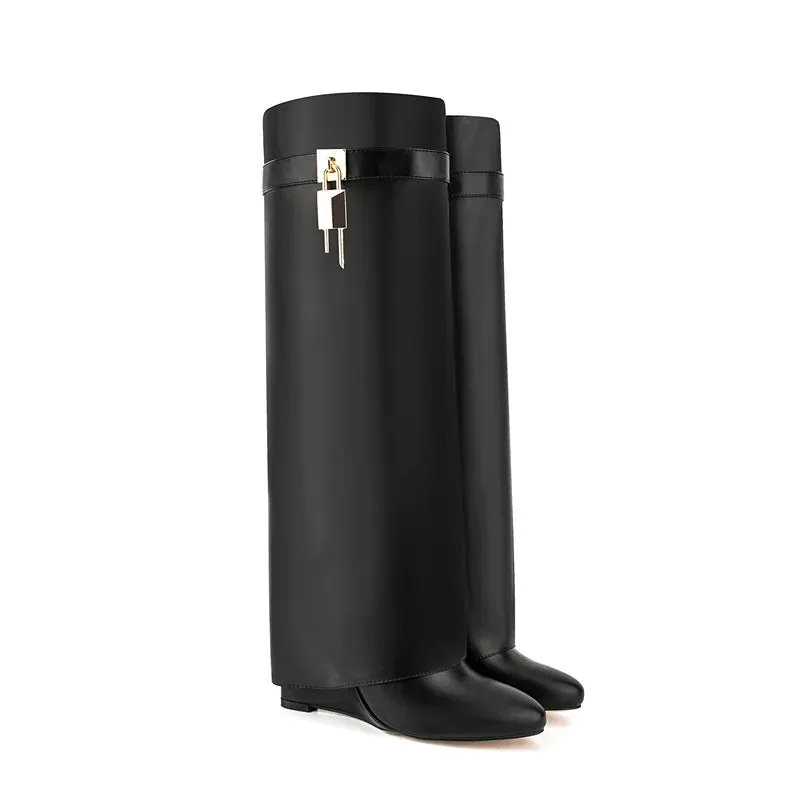 A&A Faux Leather Lock Knee High Boots