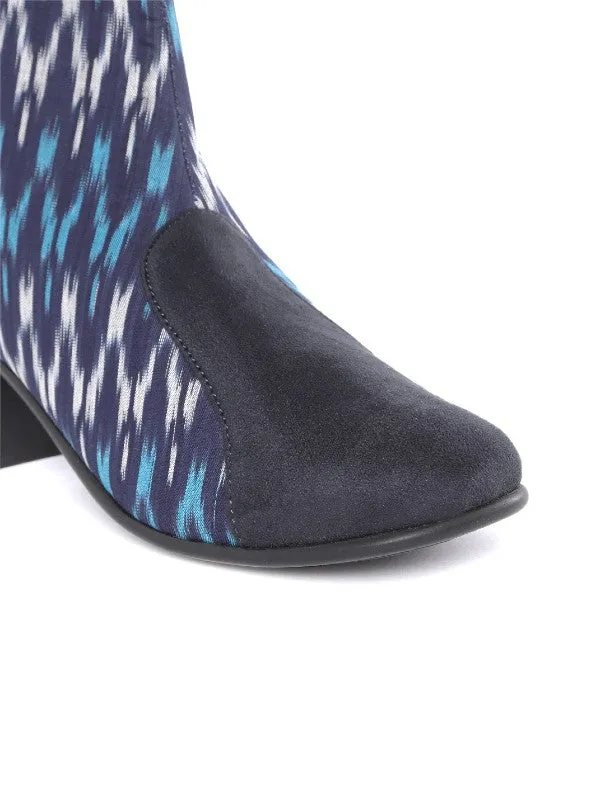 Beach Blue Ikat Woven Handcrafted Heeled Boots