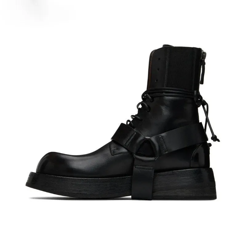 Black Genuine Leather Lace-Up Boots