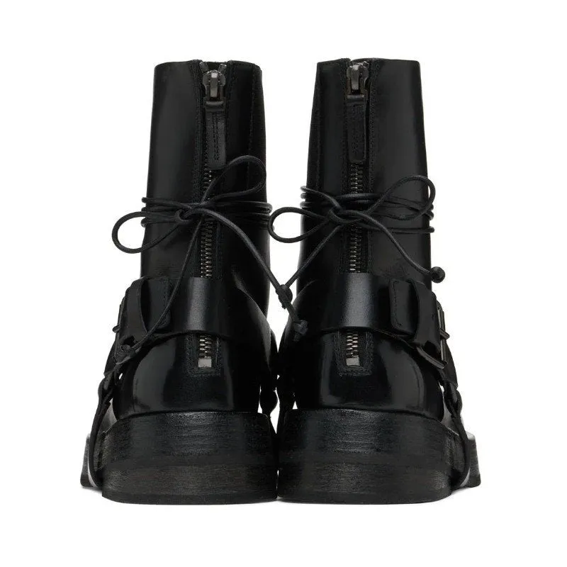 Black Genuine Leather Lace-Up Boots