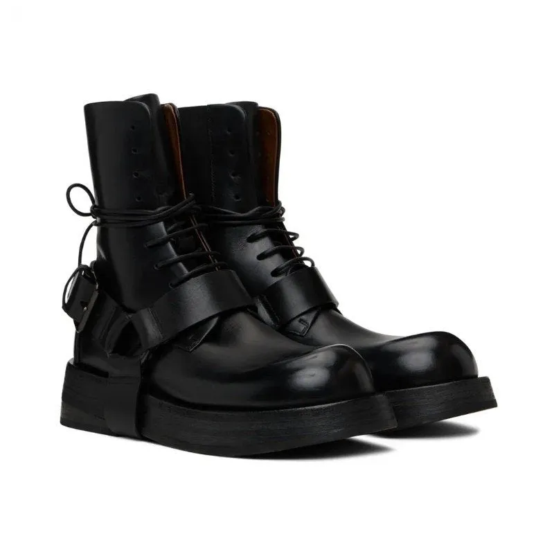 Black Genuine Leather Lace-Up Boots