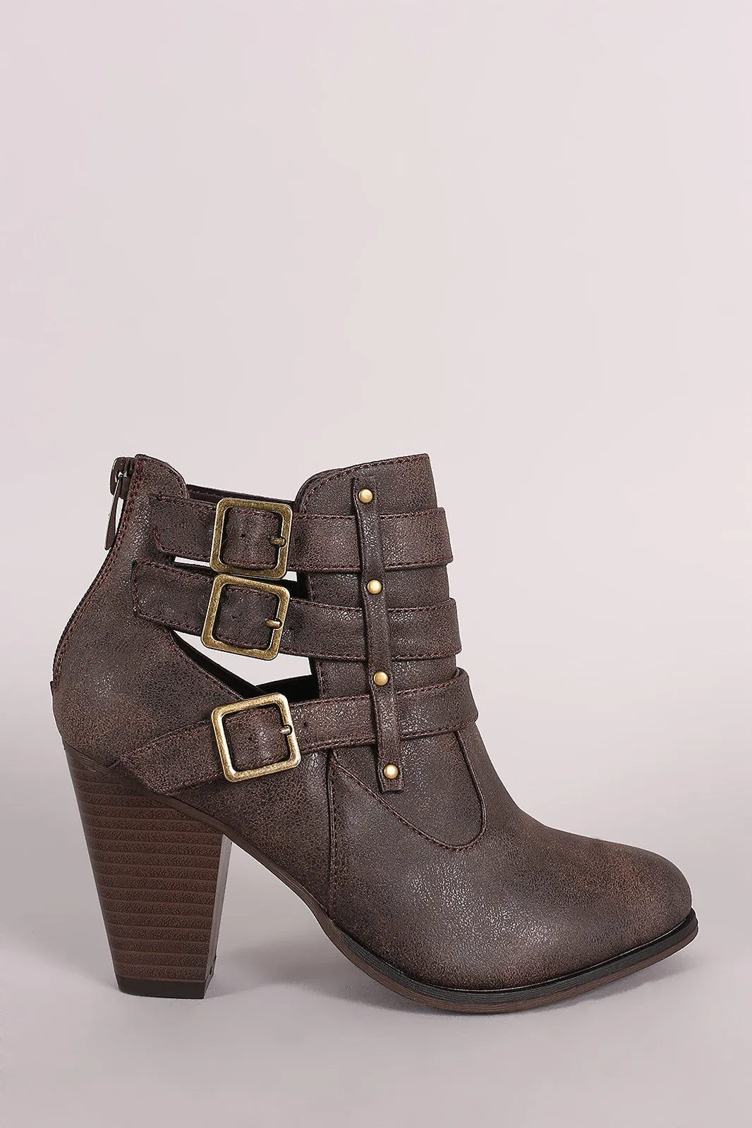 Buckled Side Cutout Chunky Heeled Ankle Boots