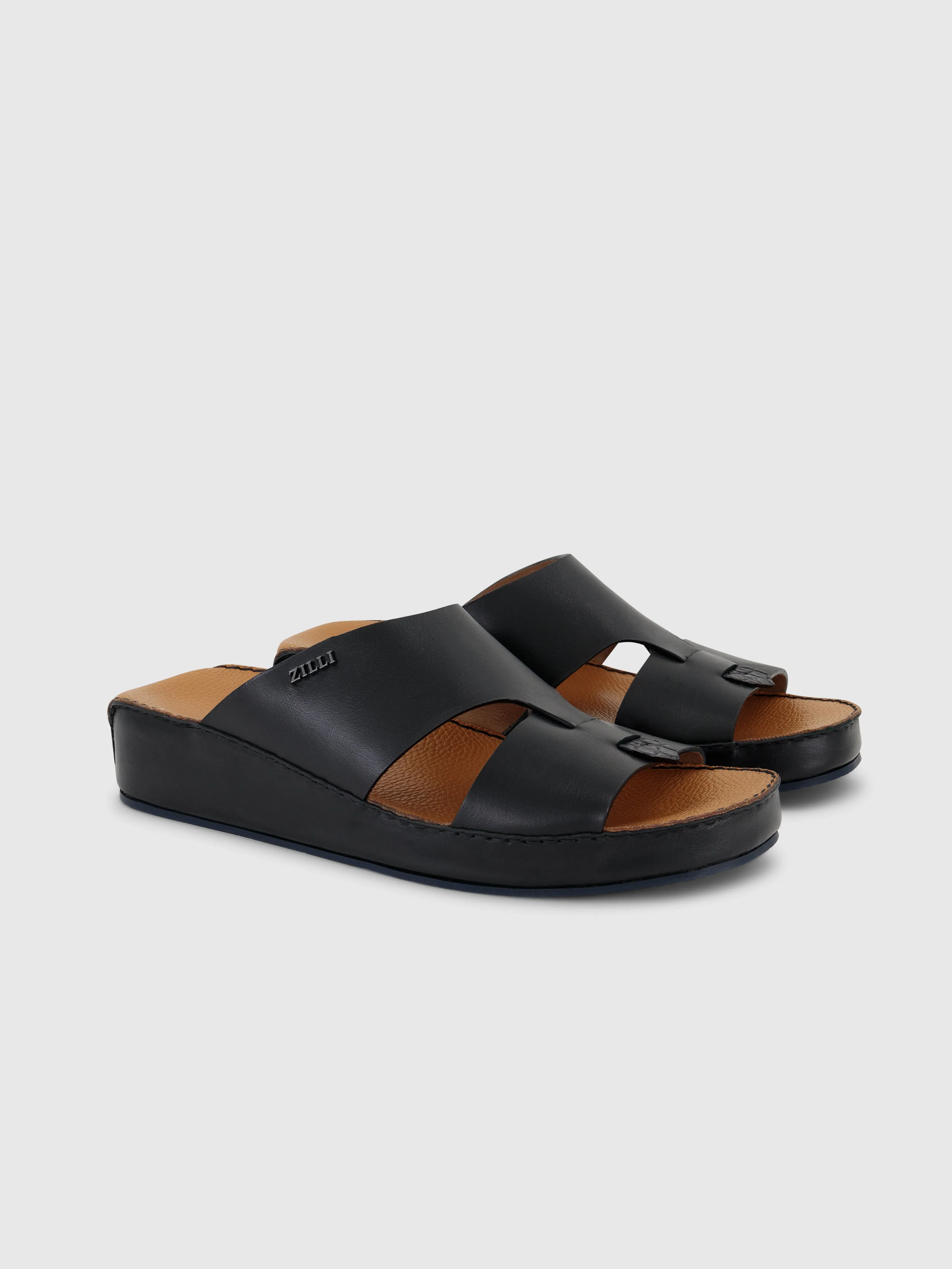 Calfskin Sandals with Caiman Details Black