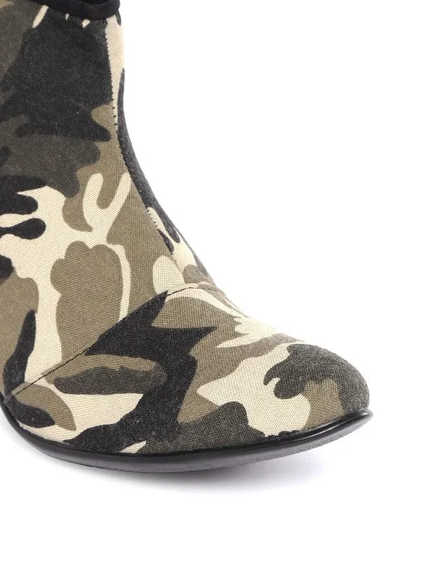 Camouflage Print Grey Handcrafted Ankle-Length Heeled Boots