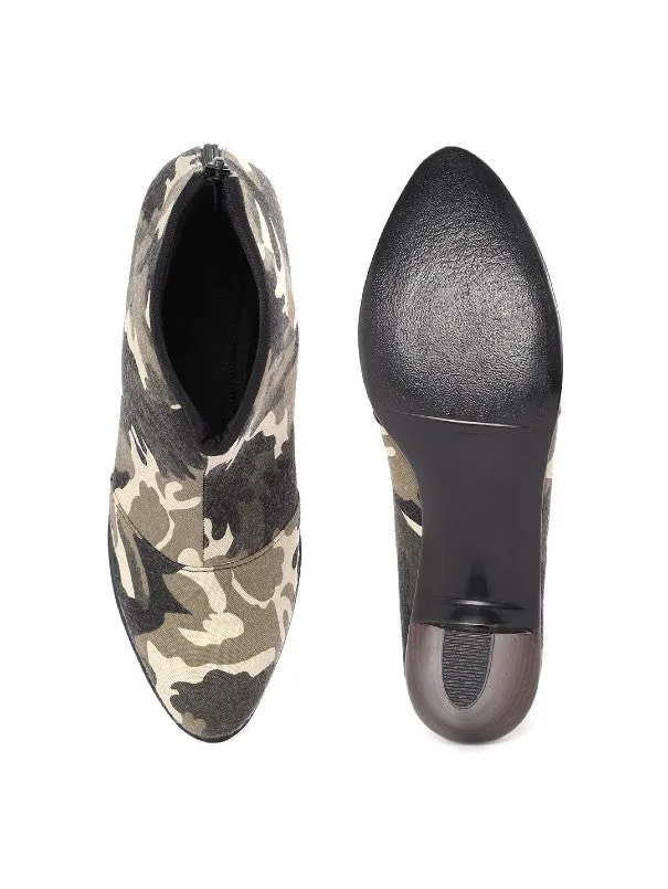 Camouflage Print Grey Handcrafted Ankle-Length Heeled Boots