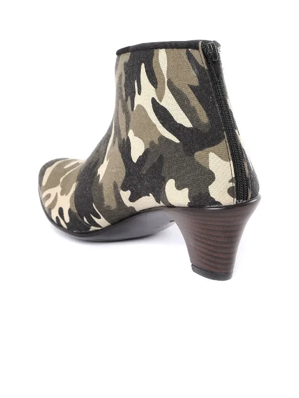 Camouflage Print Grey Handcrafted Ankle-Length Heeled Boots