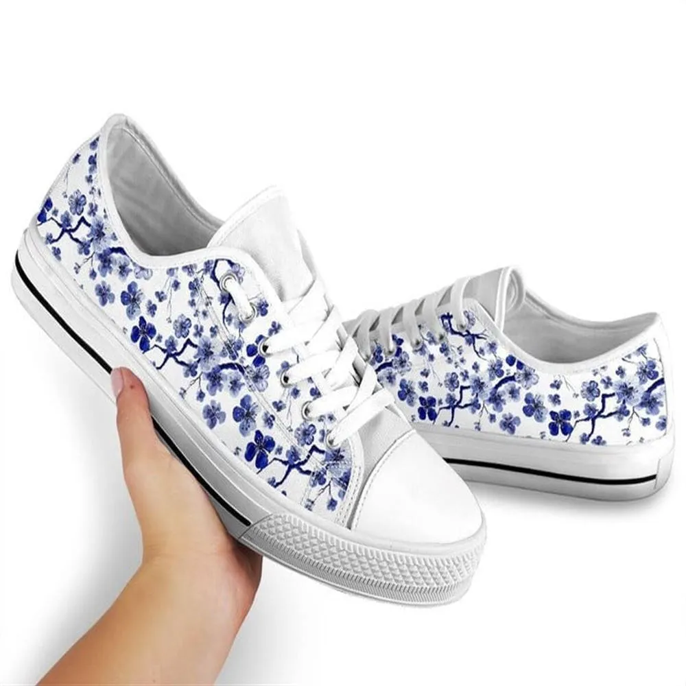 Cherry Blossom Blue Low Top Shoes, Low Top Sneaker, Low Top Canvas Shoes