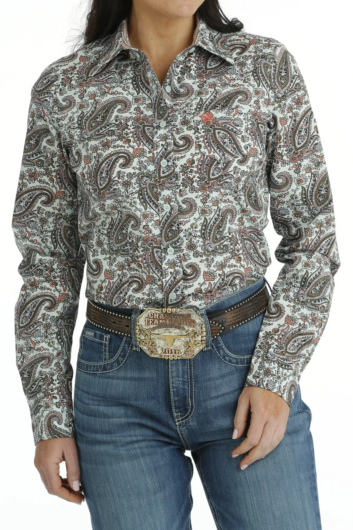 Cinch Ladies Button Down Western L/S Shirt - Light Blue Paisley - MSW9164218