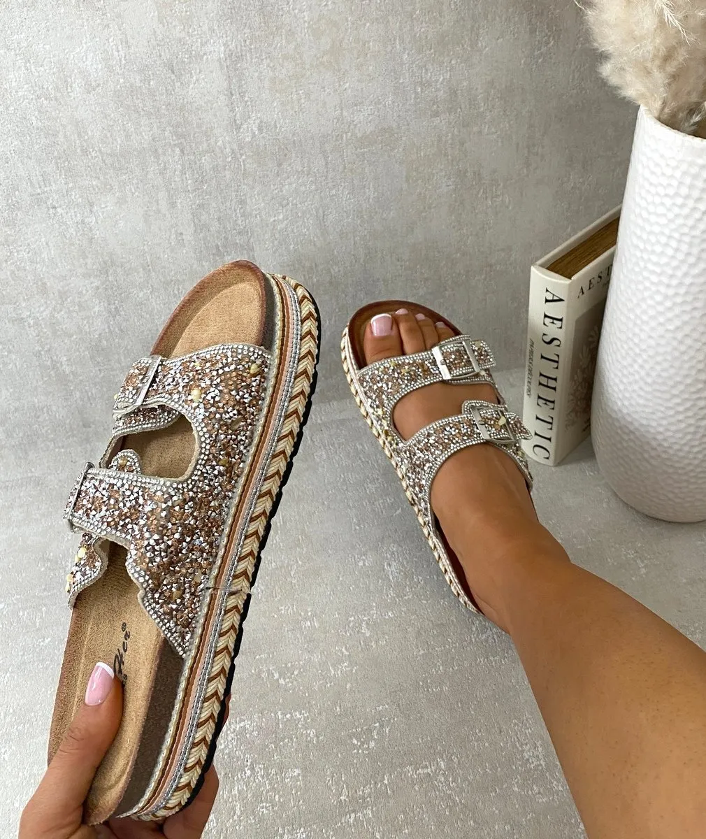 Embellished Stone Double Buckle Platform Sandals