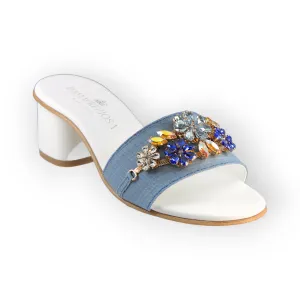 Flora Denim Mule Sandals With Sapphire Crystals