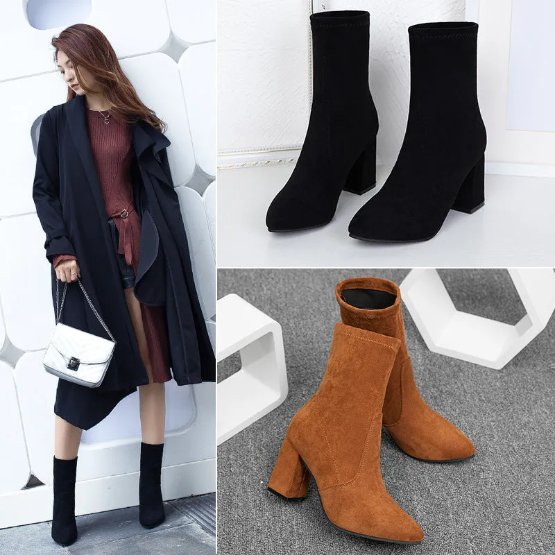 Internet Celebrity Fashion Boots Women's Chunky Heel Fashion Pointed Toe High-Heeled Outdoor Autumn and Winter New Warm Mid-Calf Suede Female Boots