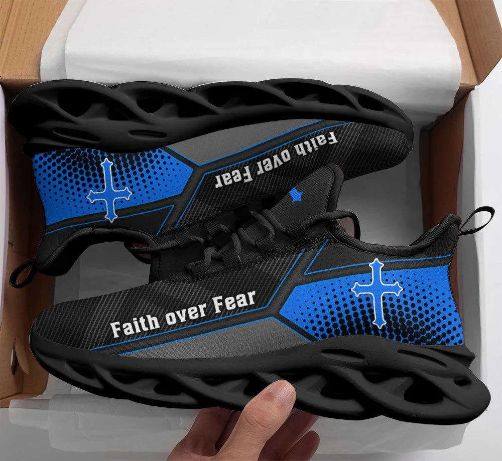 Jesus Faith Over Fear Blue Black Running Sneakers Max Soul Shoes - Christian Shoes For Men And Women