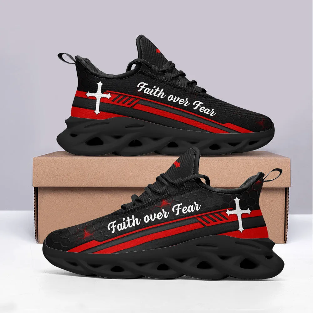 Jesus Red Black Faith Over Fear Running Sneakers Max Soul Shoes - Christian Shoes For Men And Women