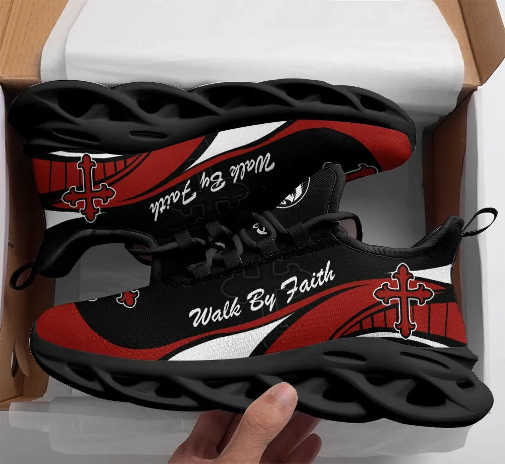 Jesus Walk By Faith Red And Black Running Sneakers Max Soul Shoes - Christian Shoes For Men And Women