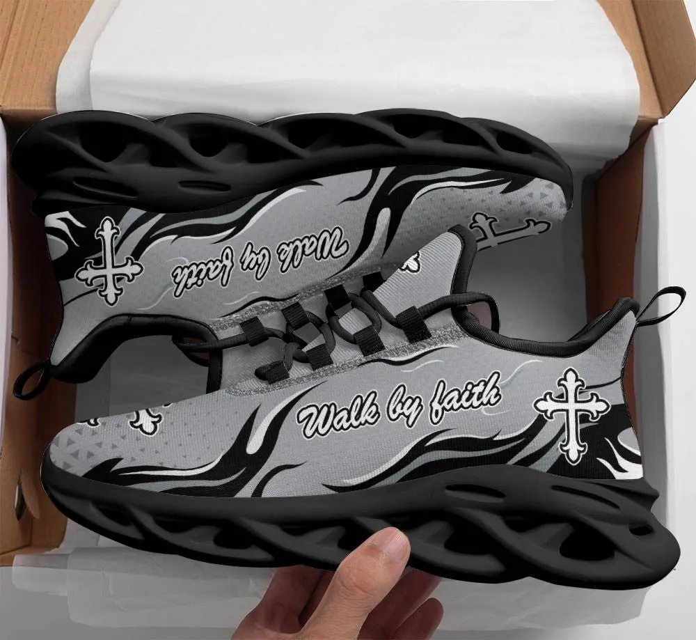 Jesus Walk By Faith Running Sneakers Silver Max Soul Shoes - Christian Shoes For Men And Women