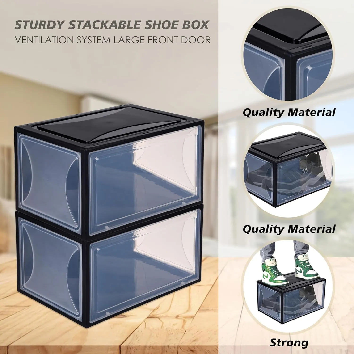 Kuber Industries Pack of 6 Sneaker Box | Plastic Stackable Shoe Organizer | Multi Purpose Space-Saving Storage Box | Black