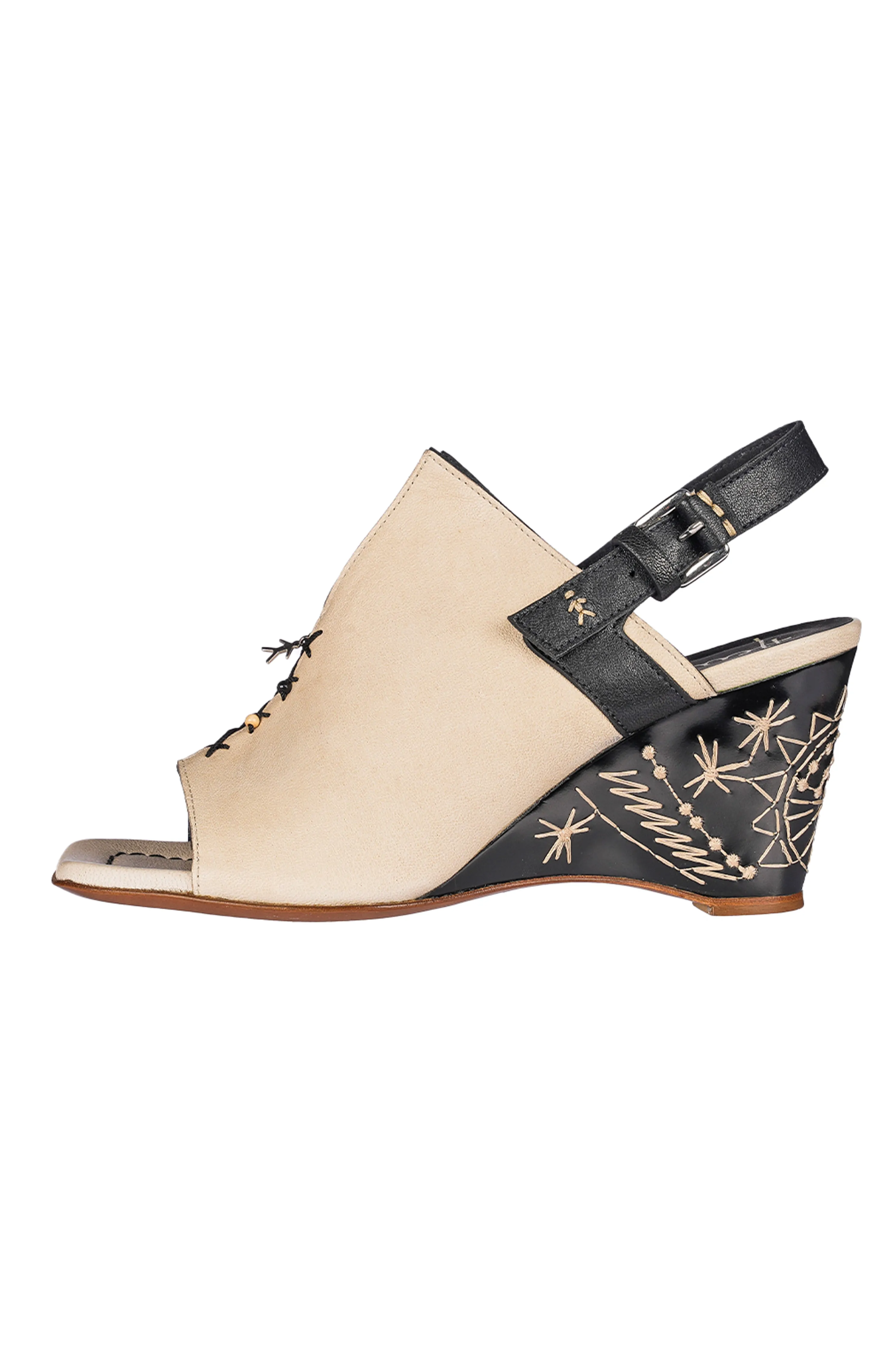 Leather Wedge Sandal in Old Iron Cream and Black