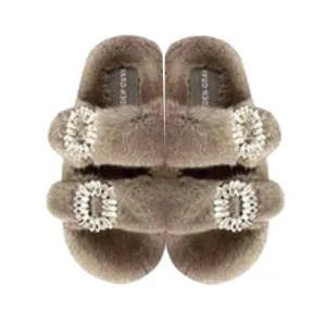 Luxe Mink Slide Sandals with Crystal Buckle - Natural