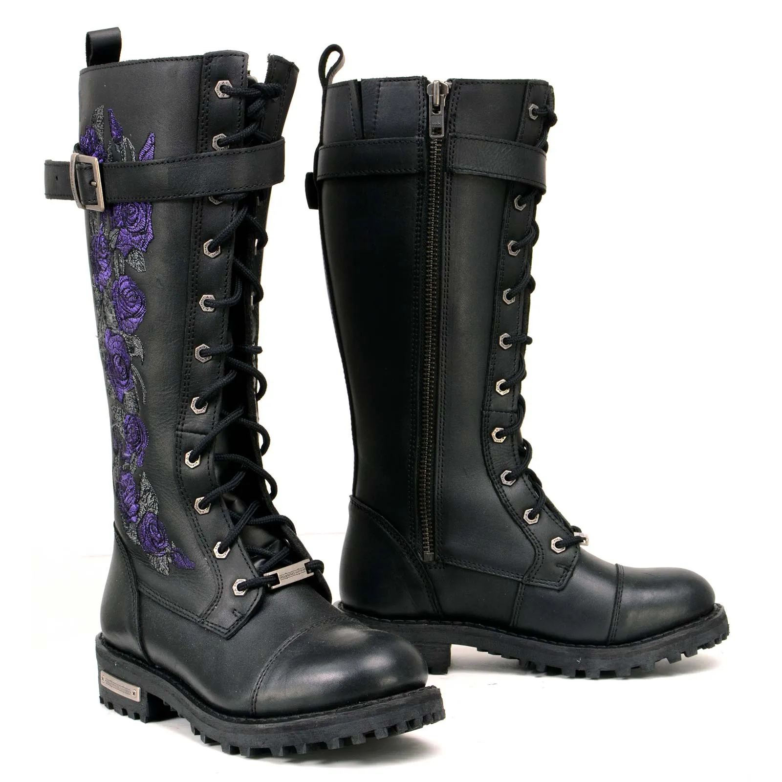 Milwaukee Leather MBL9357 Women's Black 14” Tall Motorcycle Boots Lace-Up High-Rise Purple Embroidered Leather Shoe