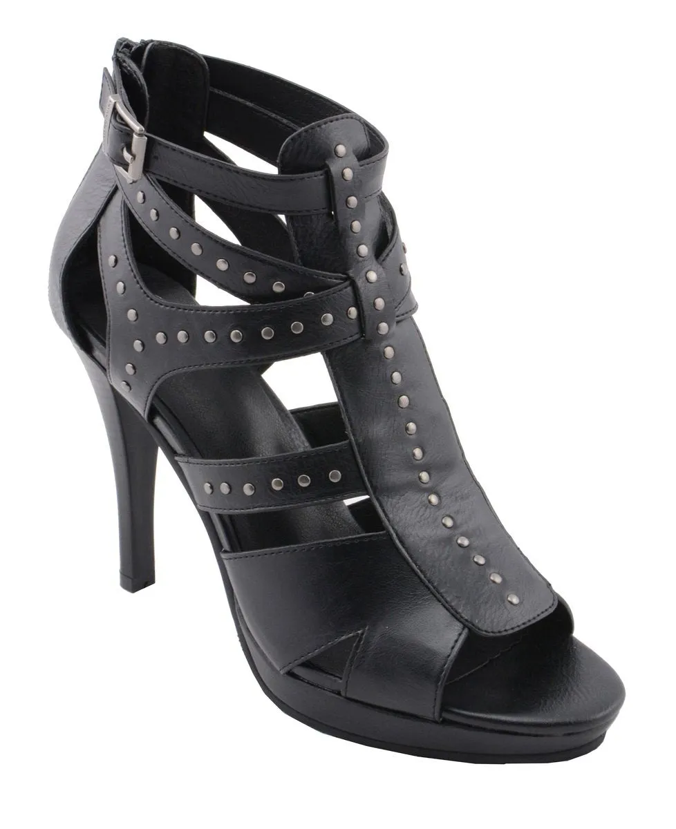 Milwaukee Leather MBL9452 Women's Black Stiletto Heeled Fashion Casual Sandals w/ Studded Ankle Straps