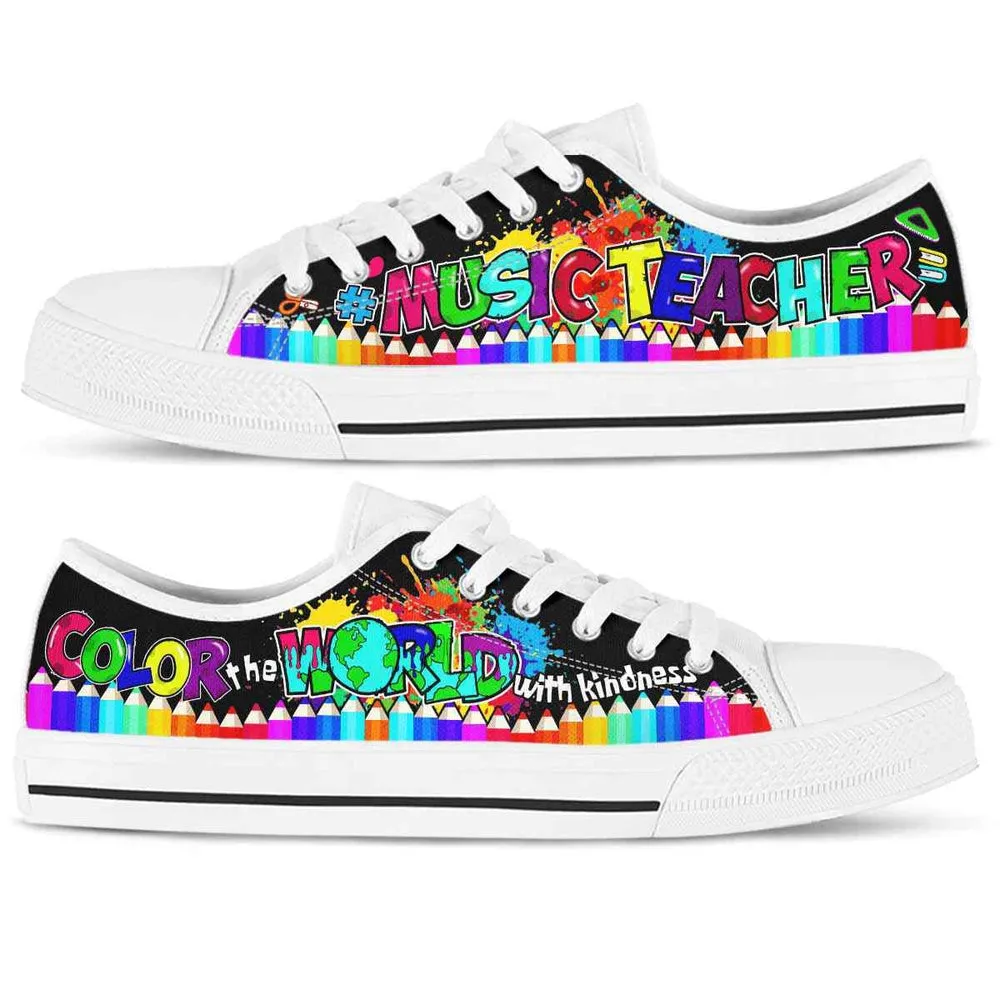 Music Teacher School Color The World With Kindness Low Top Shoes, Teacher Shoes, Low Top Sneakers