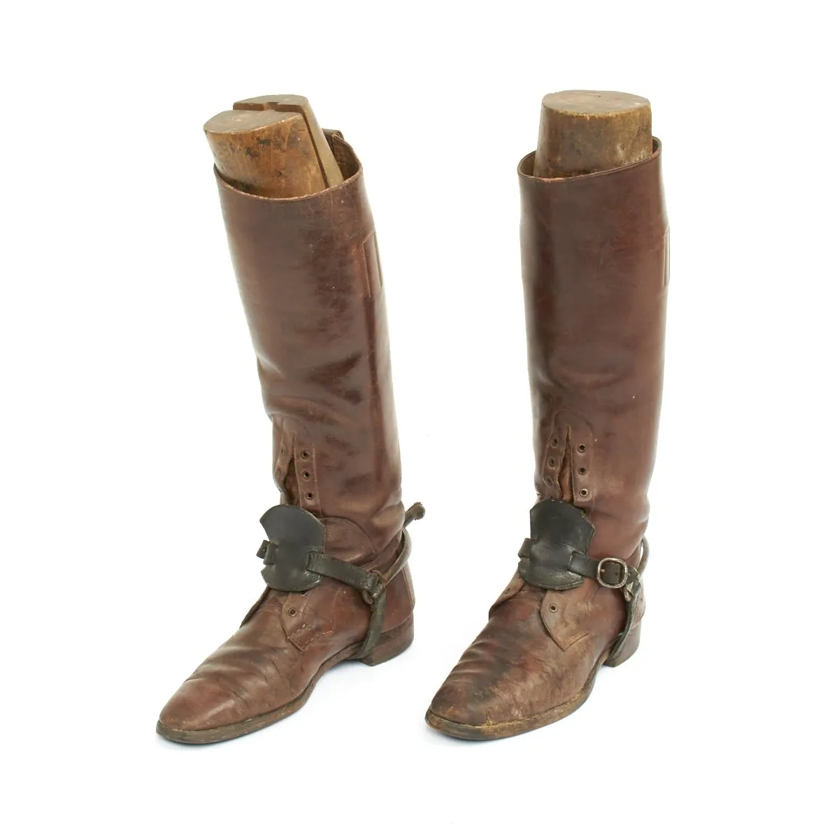 Original British WWI Officer's Leather High Boots with Wooden Boot Trees and Spurs