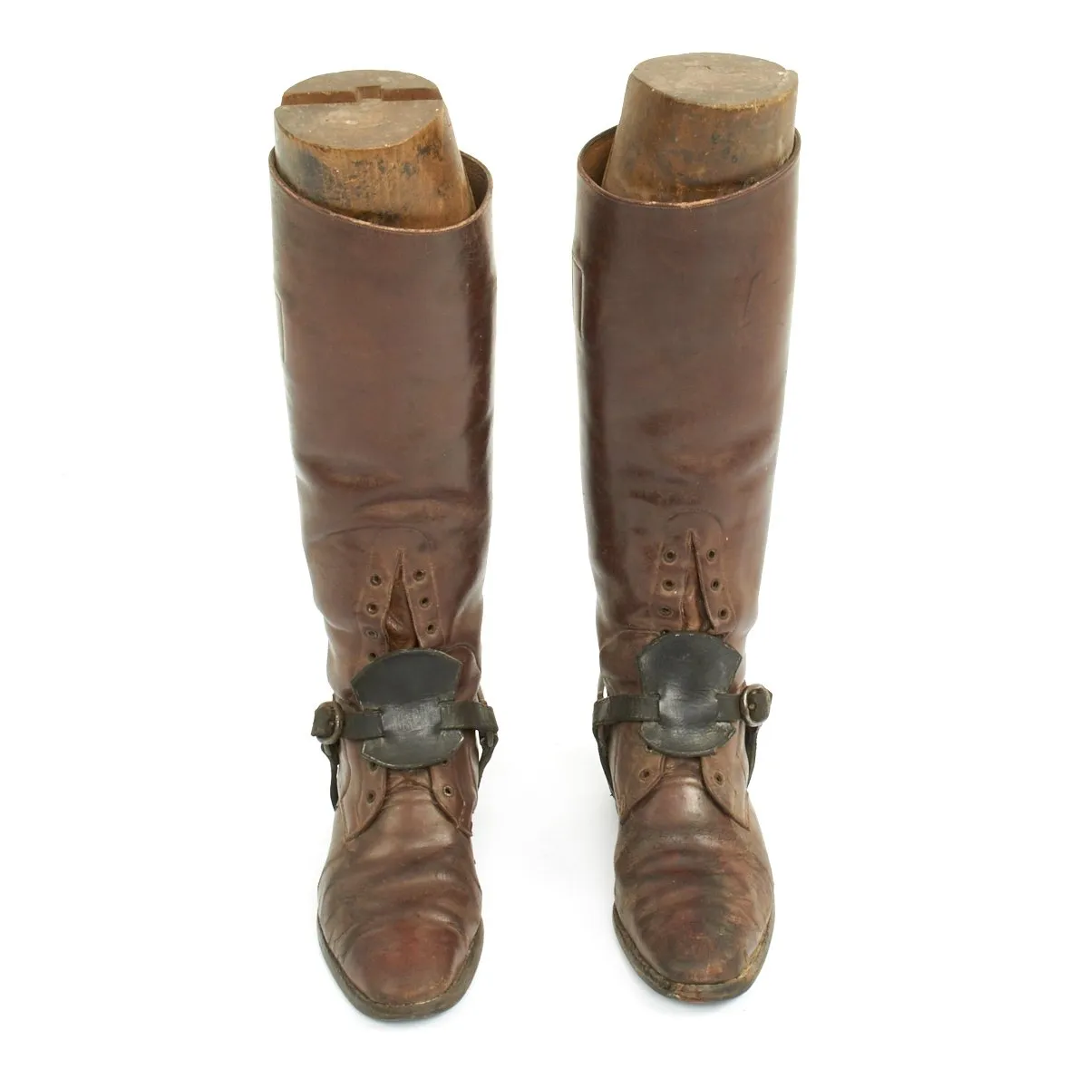 Original British WWI Officer's Leather High Boots with Wooden Boot Trees and Spurs