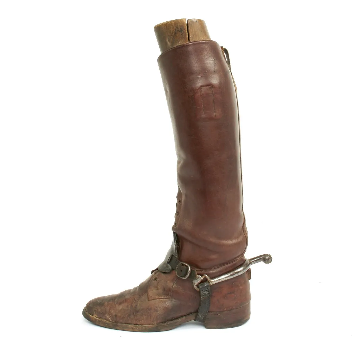 Original British WWI Officer's Leather High Boots with Wooden Boot Trees and Spurs