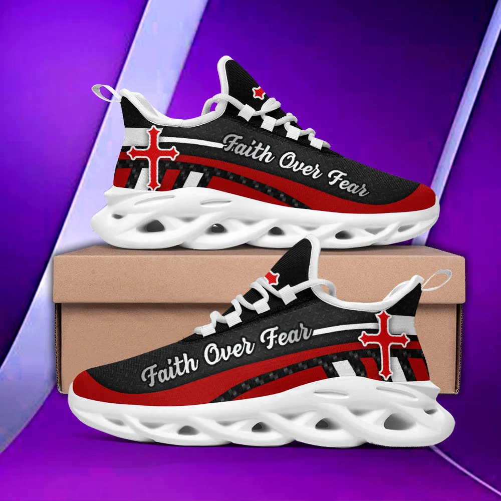 Red Black Jesus Faith Over Fear Running Sneakers Max Soul Shoes - Christian Shoes For Men And Women