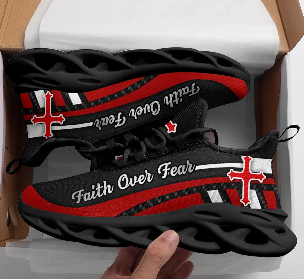 Red Black Jesus Faith Over Fear Running Sneakers Max Soul Shoes - Christian Shoes For Men And Women