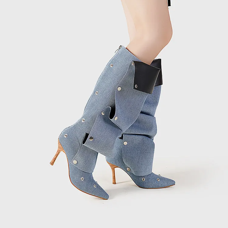 Rivet Buckle Stiletto Heel Denim Pleated Pile Up Boots