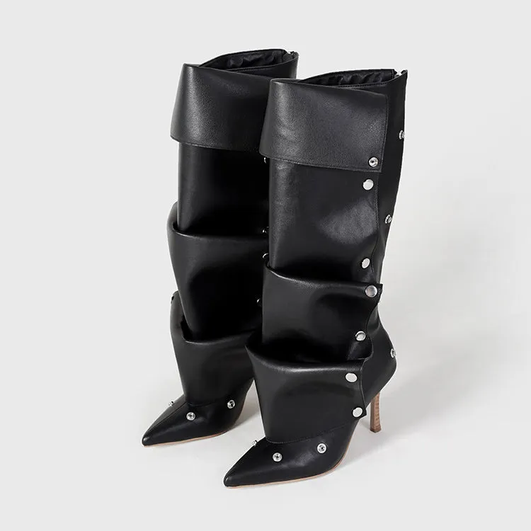 Rivet Buckle Stiletto Heel Denim Pleated Pile Up Boots