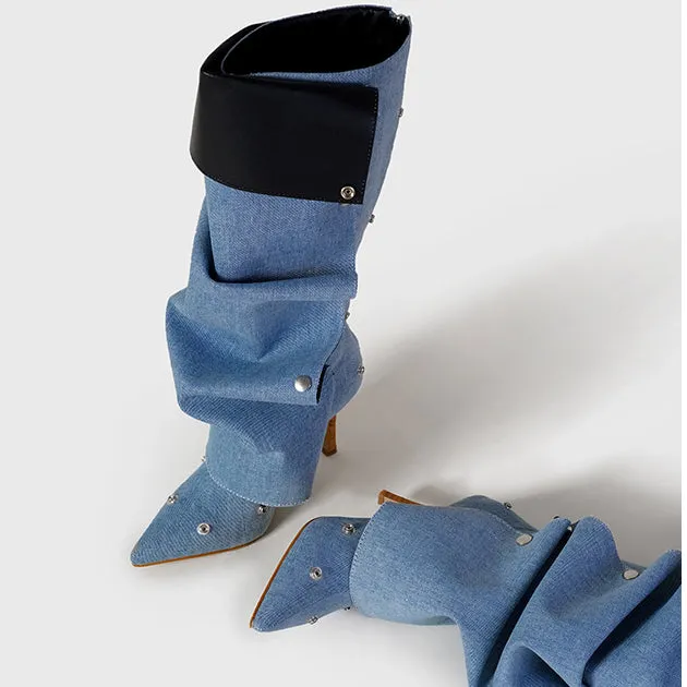 Rivet Buckle Stiletto Heel Denim Pleated Pile Up Boots