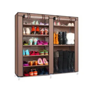 RONSHIN Double Row 9-compartment Shoe Cabinet Boots Storage Case Coffee