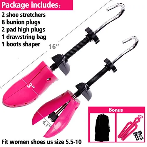 Shoe Stretcher Women Shoe Tree Widener, Pair of 4-way Adjustable Expander Stretch Length Width Height, Tough Plastic & Metal, 8 Bunion Plugs Included, Pink for Women's Shoes Size US 5.5-10