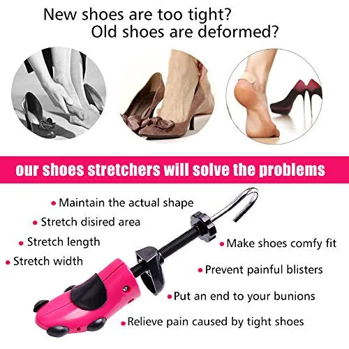 Shoe Stretcher Women Shoe Tree Widener, Pair of 4-way Adjustable Expander Stretch Length Width Height, Tough Plastic & Metal, 8 Bunion Plugs Included, Pink for Women's Shoes Size US 5.5-10