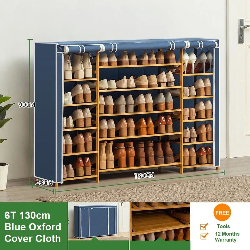 Six Tier Oxford Cloth Covered Tower Bamboo Wooden Shoe Rack Boot Shelf Stand Storage Organizer