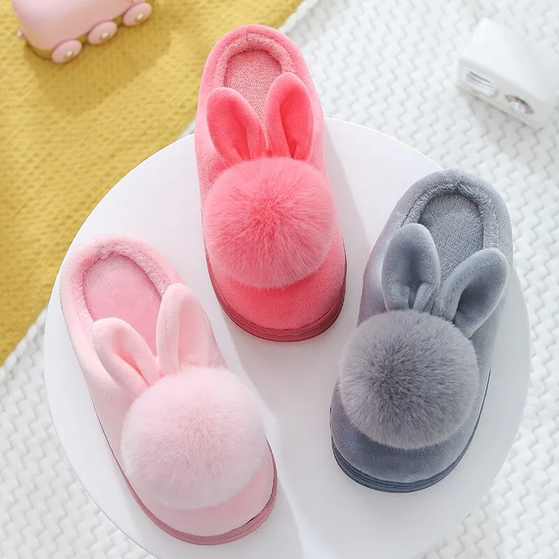 Unisex Cute Bunny Cartoon Cotton Warm Faux Fur Slippers For Kids