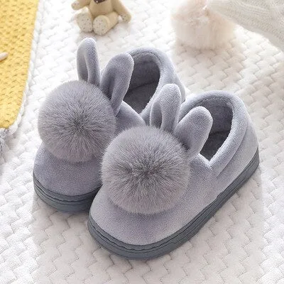 Unisex Cute Bunny Cartoon Cotton Warm Faux Fur Slippers For Kids