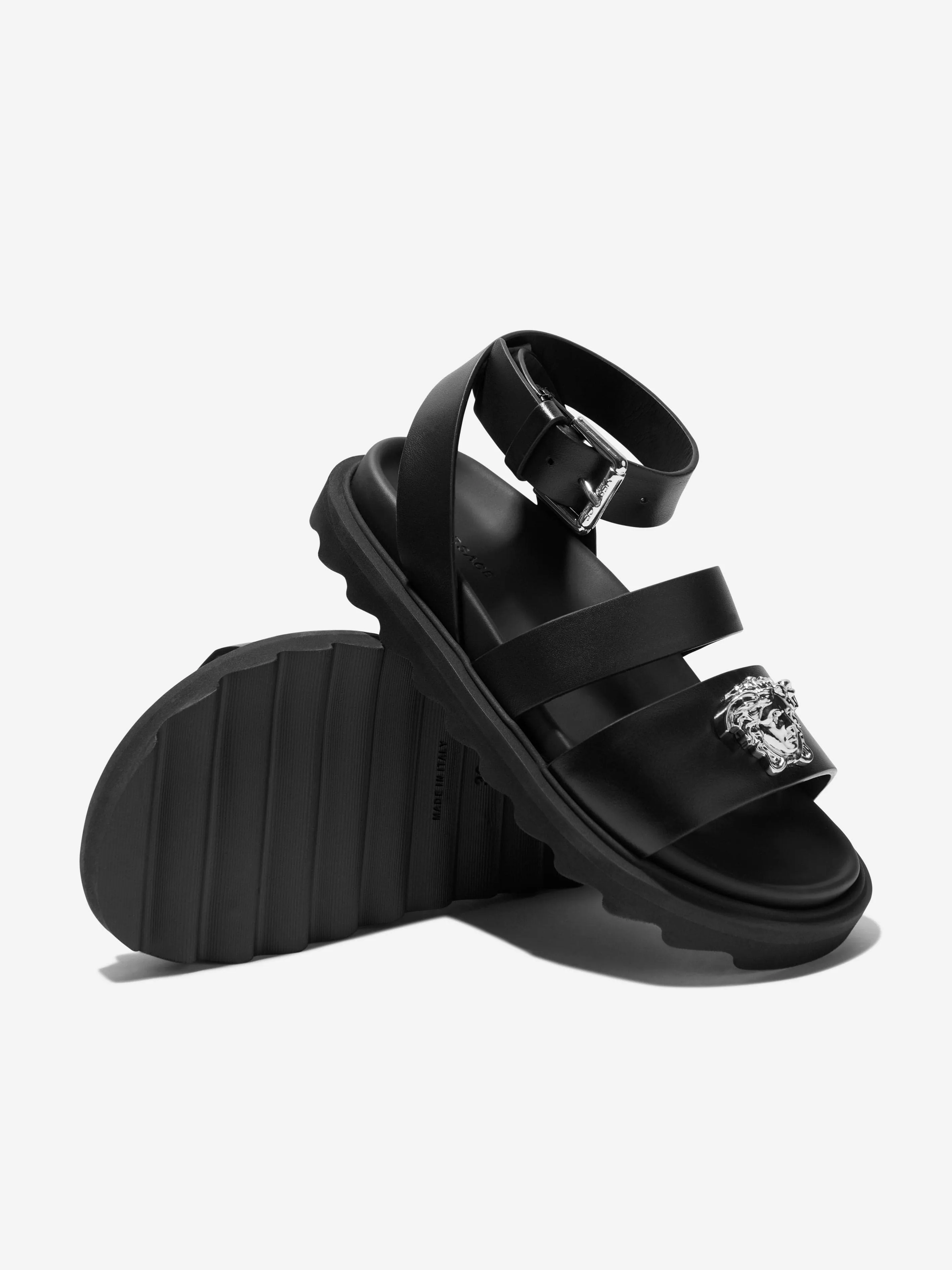 Versace Kids Leather Medusa Logo Sandals in Black