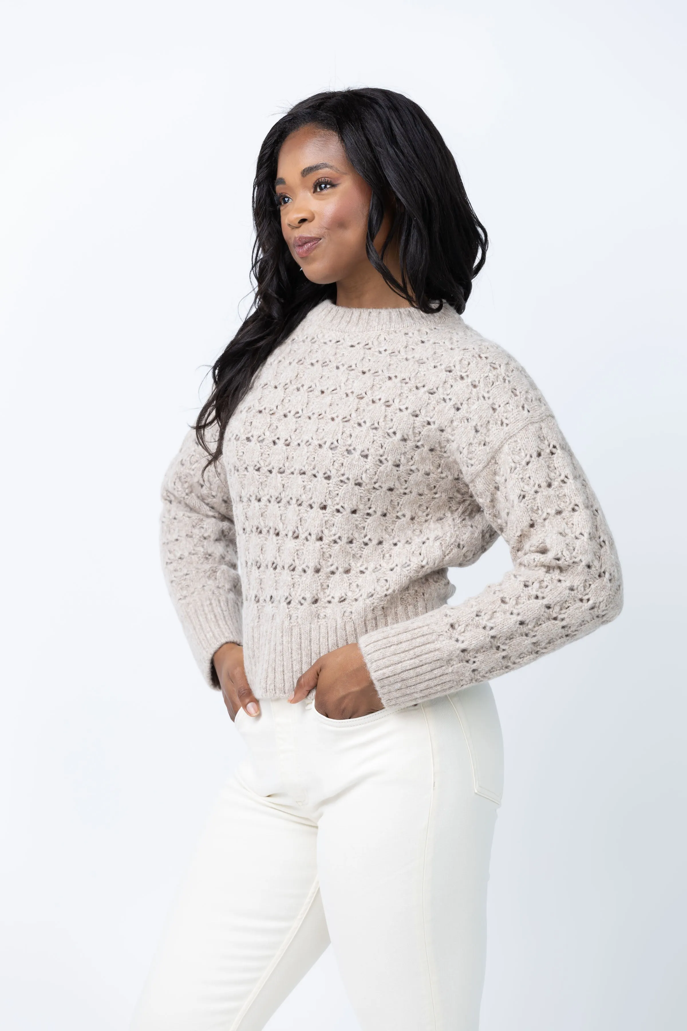 White   Warren Plush Alpaca Blend Open Stitch Crewneck Sweater in Oat Straw