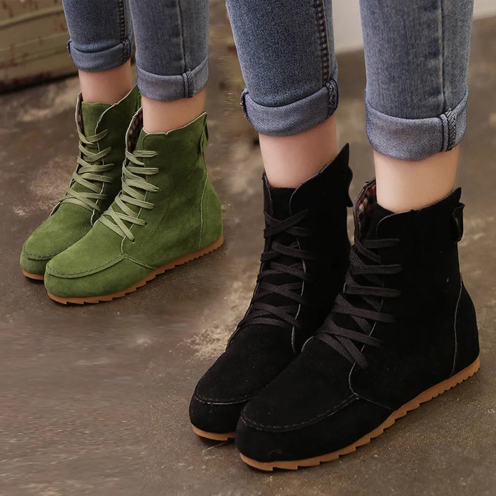 Women Flat Ankle Snow Motorcycle Boots Female Suede Leather Lace-Up Boot