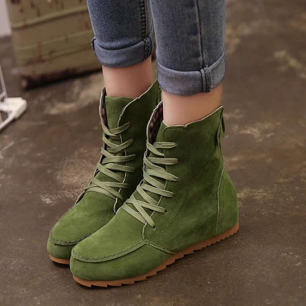 Women Flat Ankle Snow Motorcycle Boots Female Suede Leather Lace-Up Boot