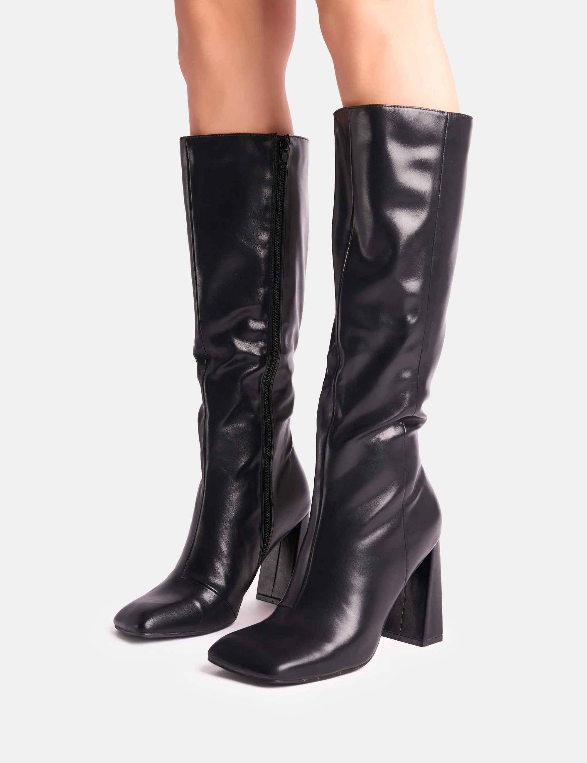 Zoya Black Slanted Toe Block Heel Knee High Sock Boots